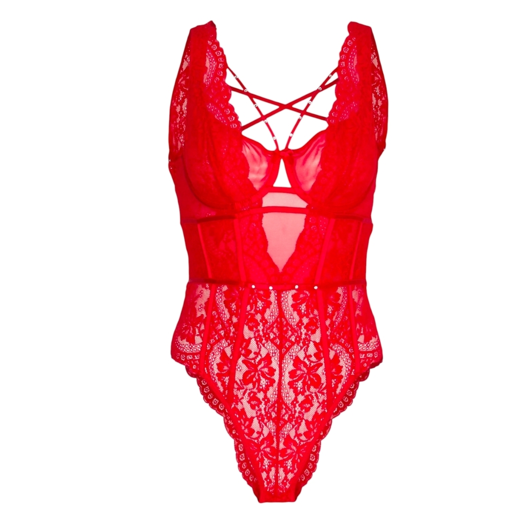 Hunkemoller Red Sheer Lace Bodysuit — European Lingerie
